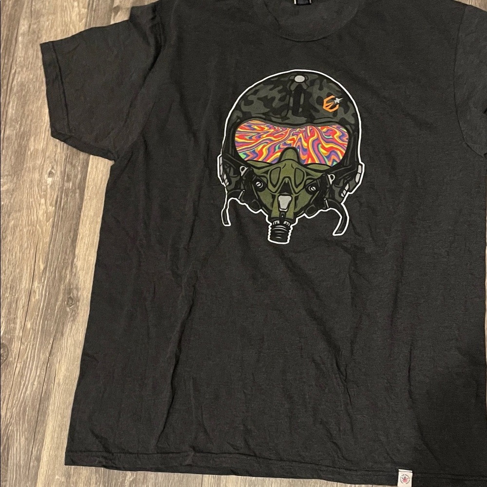 Black Graphic Tee with Helmet Design